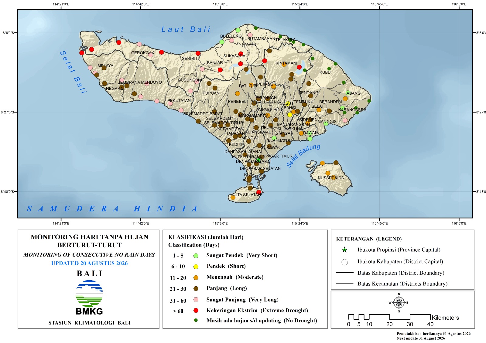 Hari Tanpa Hujan berturut-turut (HTH) Provinsi Bali update 20 Agustus 2026