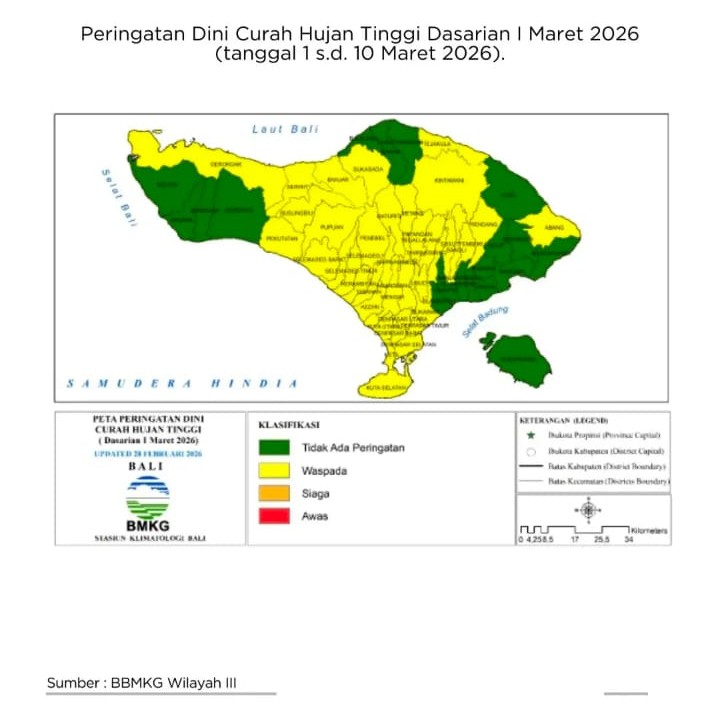 Peringatan Dini Curah Hujan Tinggi Dasarian I Maret 2026