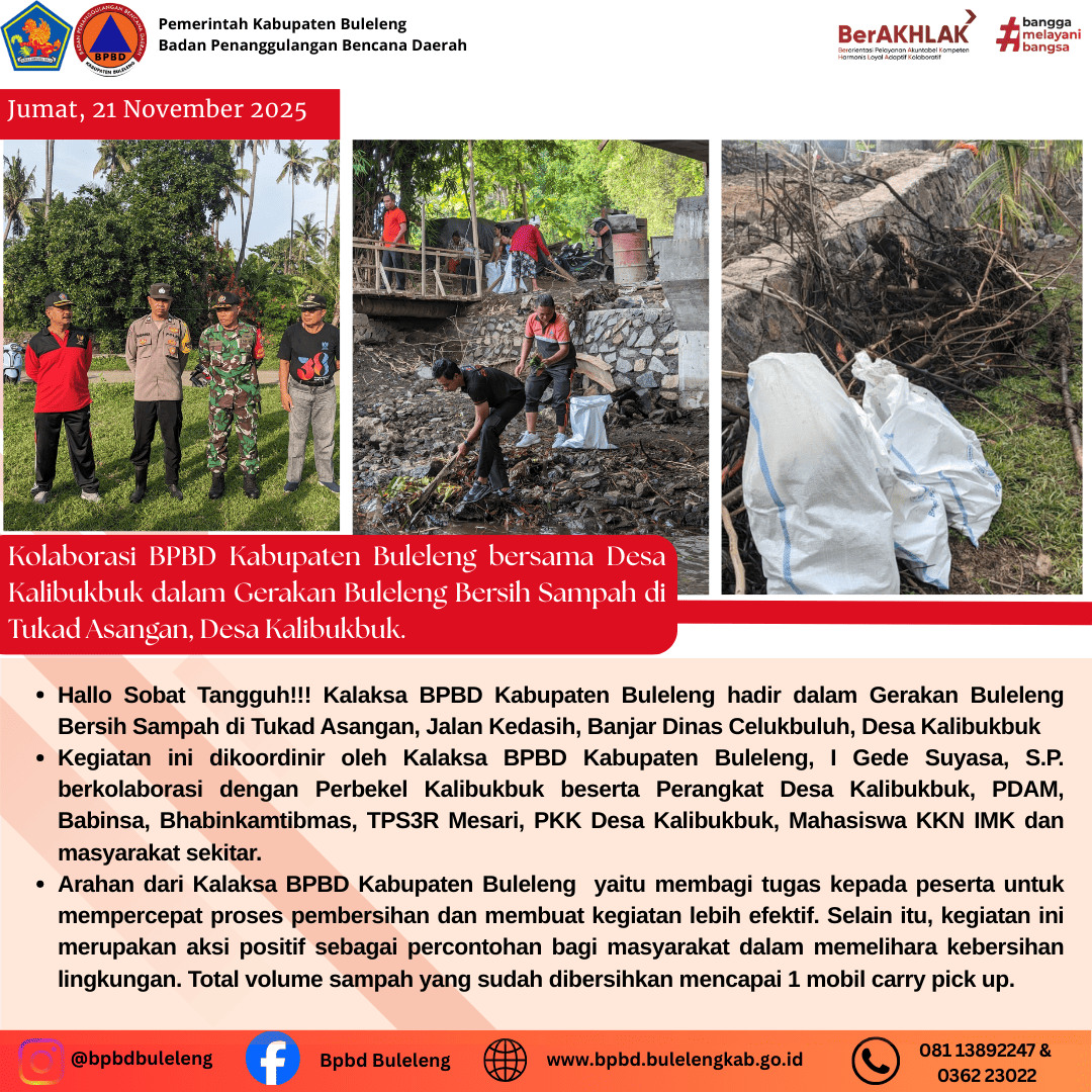 Kolaborasi BPBD kabupaten Buleleng bersama Desa Kalibukbuk dalam Gerakan Buleleng Bersih Sampah di Tukad Asangan