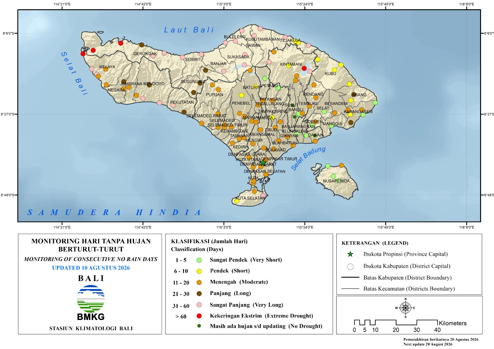 Hari Tanpa Hujan berturut-turut (HTH) Provinsi Bali update 10 Agustus 2026