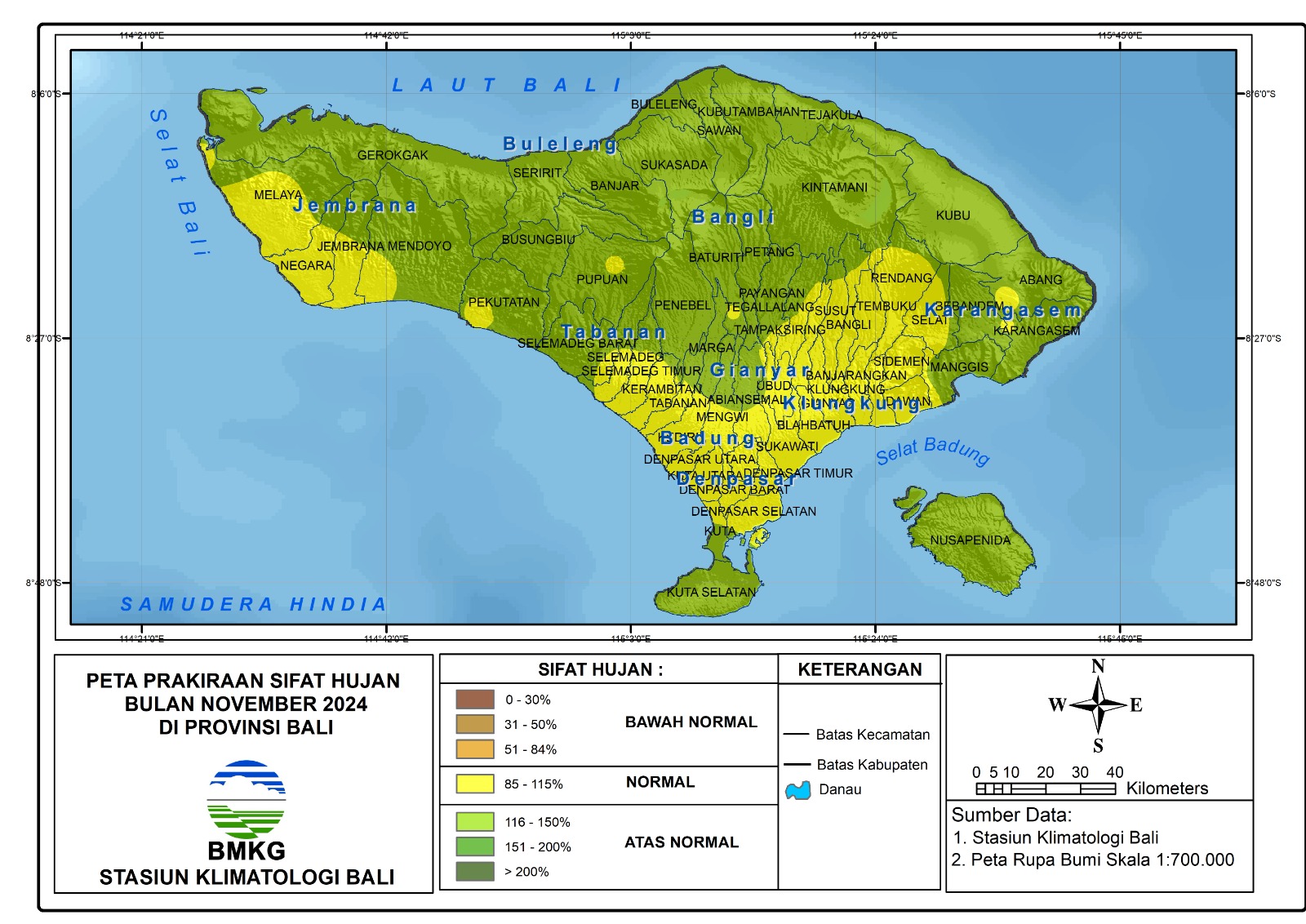 Peta Prakiraan Sifat Hujan Bulan November 2024 di Provinsi Bali