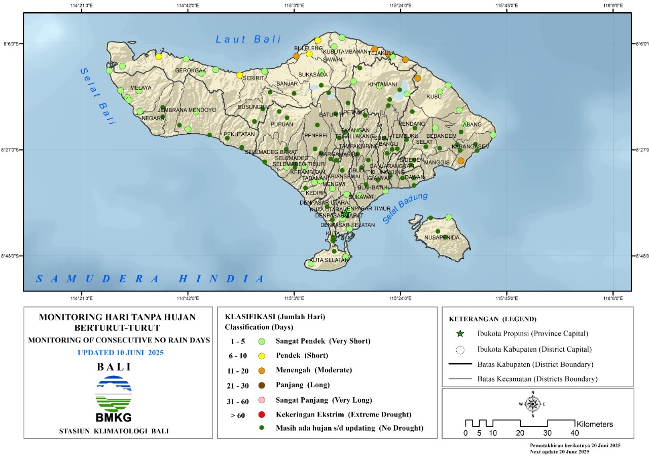 Monitoring Hari Tanpa Hujan berturut-turut (HTH) Provinsi Bali update 10 Juni 2025
