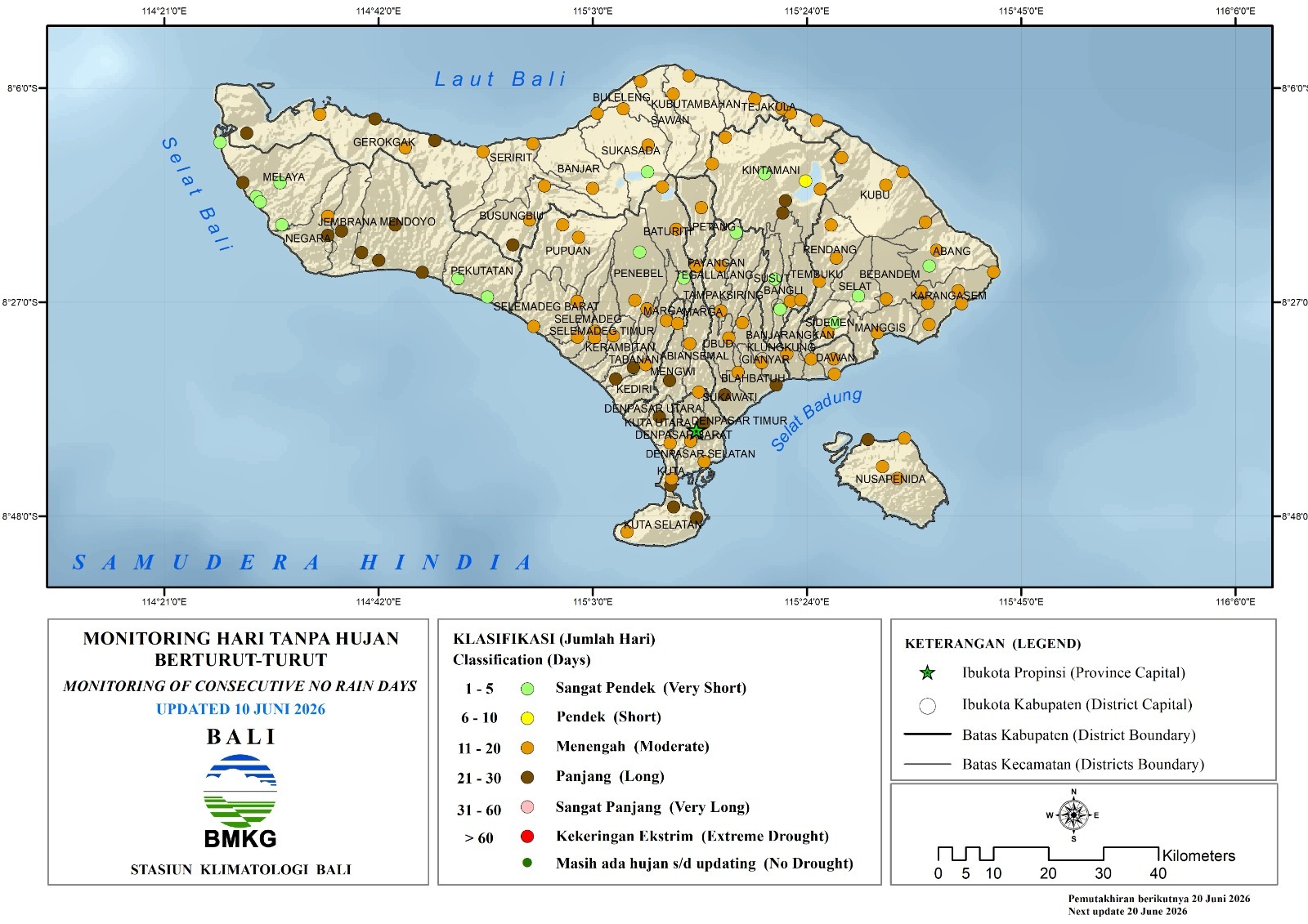 Hari Tanpa Hujan berturut-turut (HTH) Provinsi Bali update 10 Juni 2026.