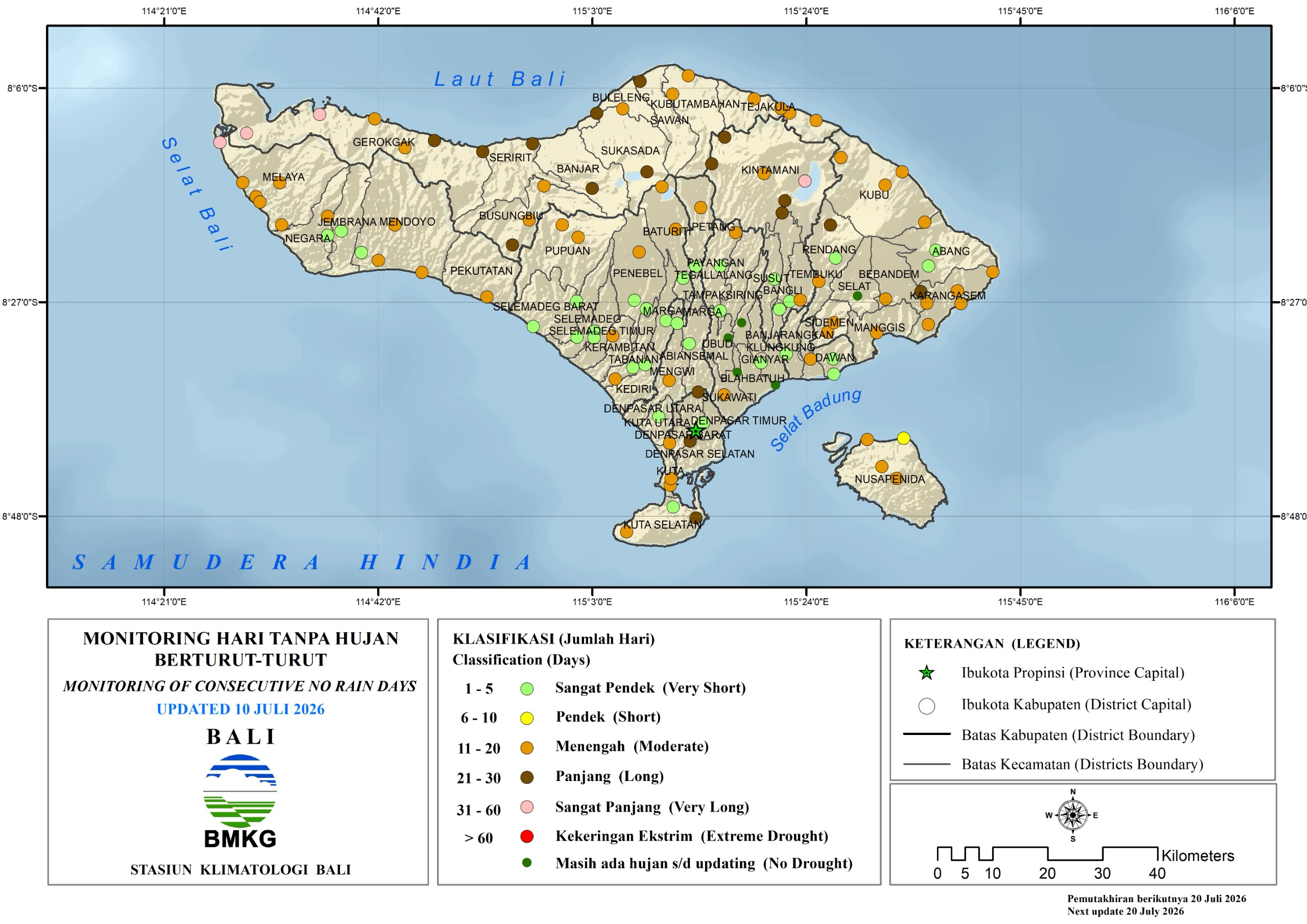 Hari Tanpa Hujan berturut-turut (HTH) Provinsi Bali update 10 Juli 2026