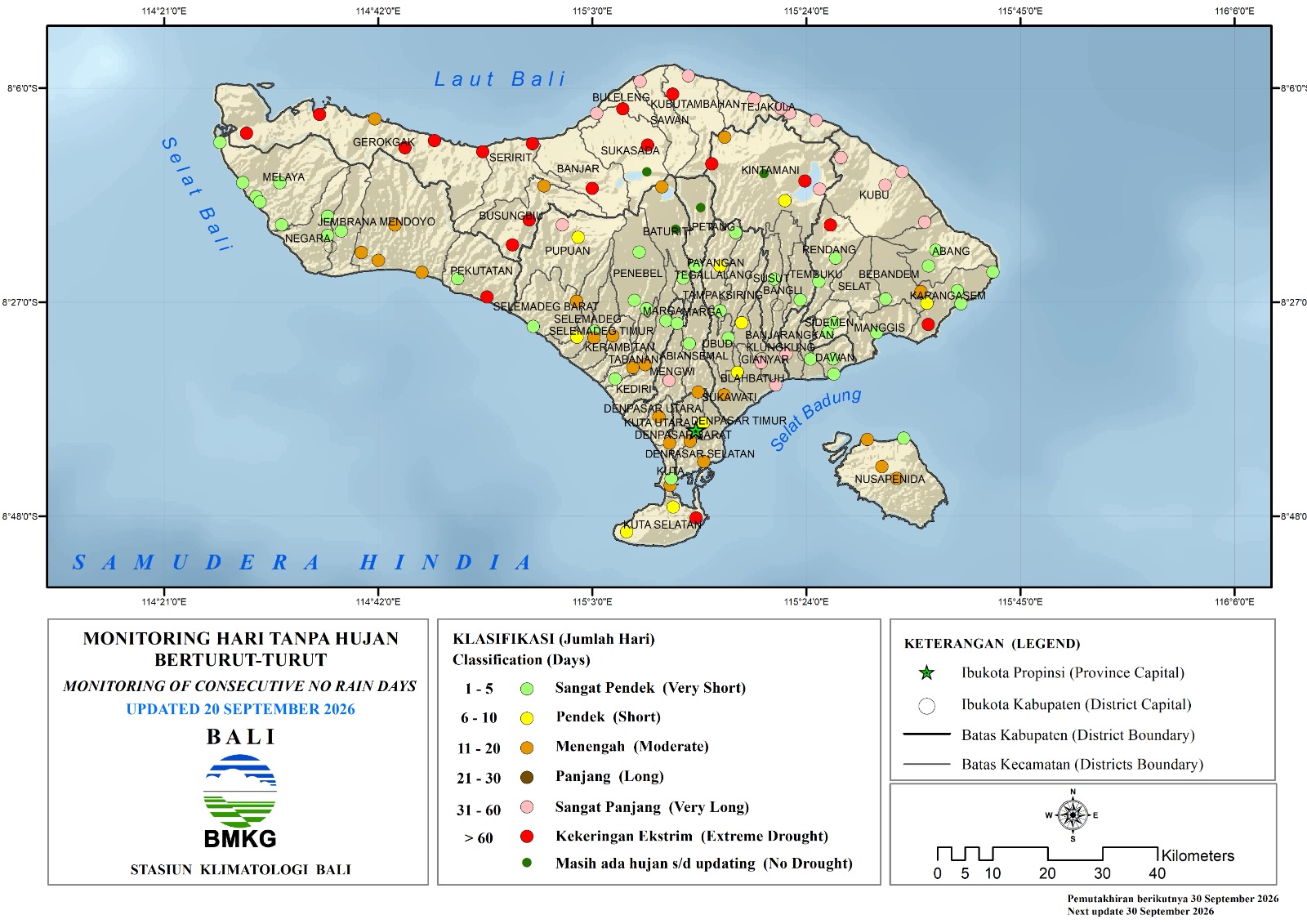 Monitoring Hari Tanpa Hujan berturut-turut (HTH) Provinsi Bali update 20 September 2026