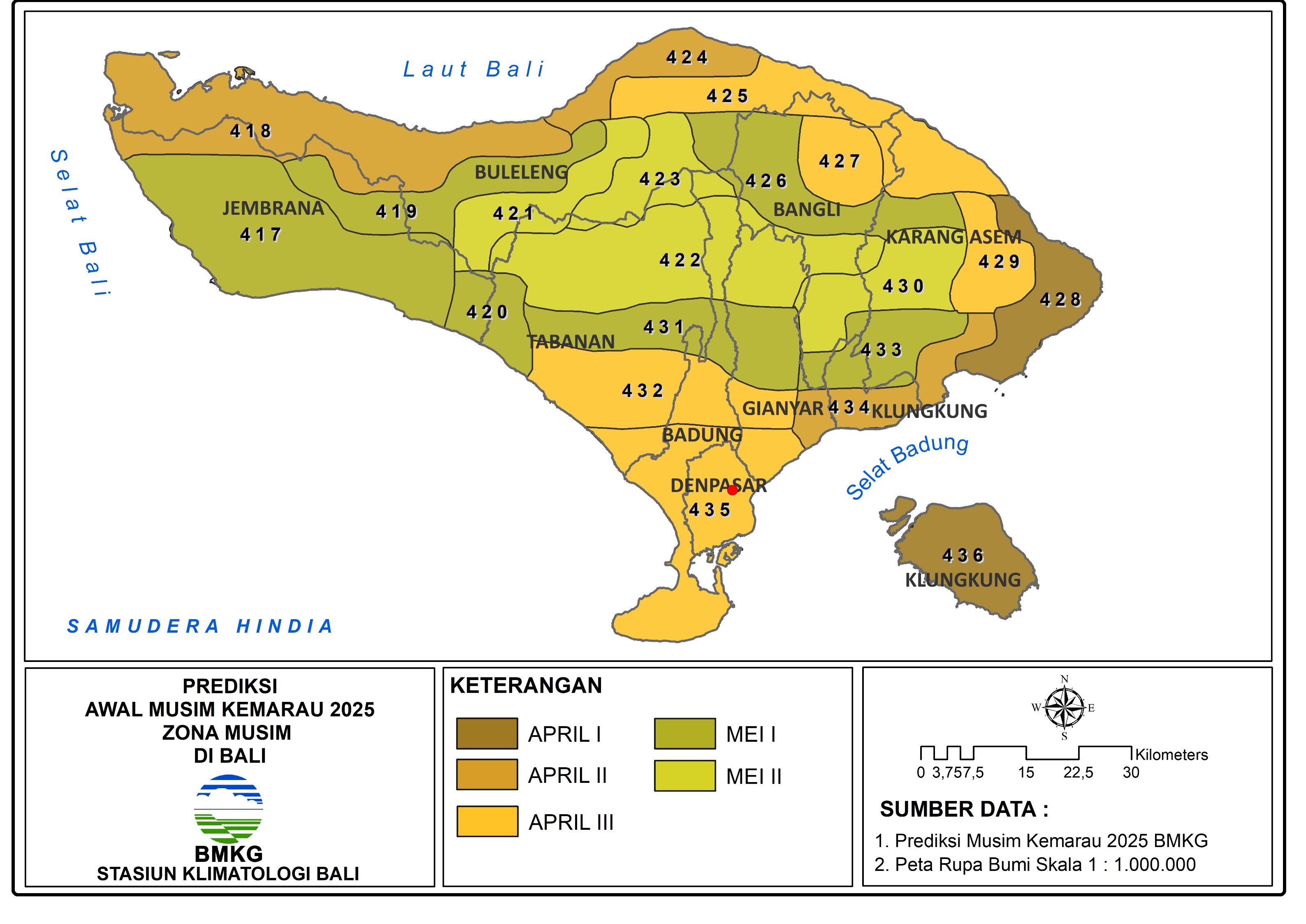 Prediksi Awal Musim Kemarau Dasarian III April Tahun 2025 Provinsi Bali