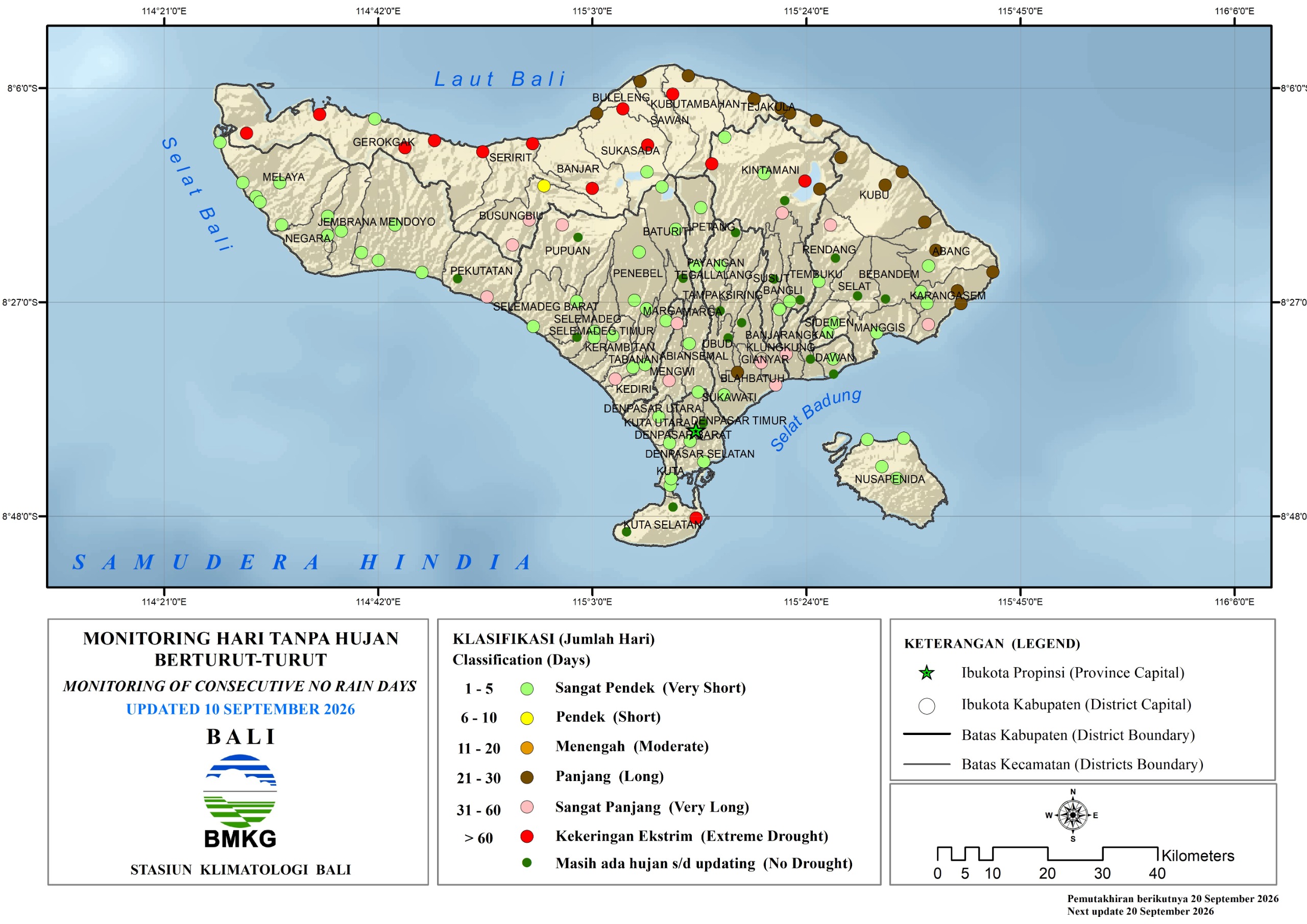 Monitoring Hari Tanpa Hujan berturut-turut (HTH) Provinsi Bali update 10 September 2026.